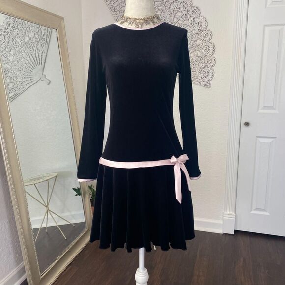 Rare Editions Coquette Whimsygoth Black Pink Drop Waist Mini Bow Velvet Dress S - Picture 2 of 8